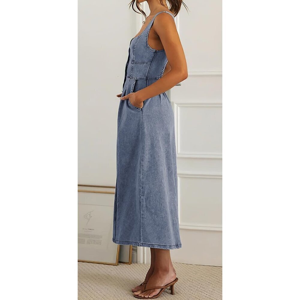 Stretchy Smocked Denim Dress Women Sleeveless Button Down Midi Casual - Picture 6 of 7